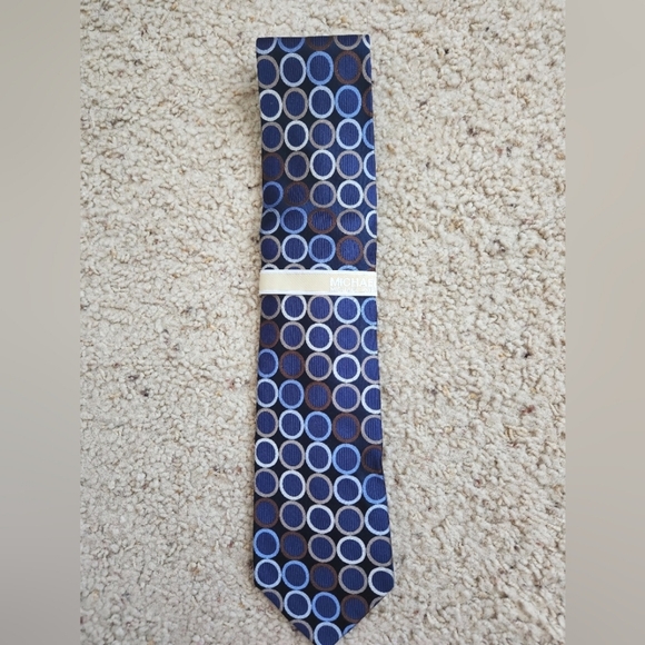 NWT Michael Kors Navy Blue Brown Multicolor Circle Tie 100% Silk - Picture 1 of 2